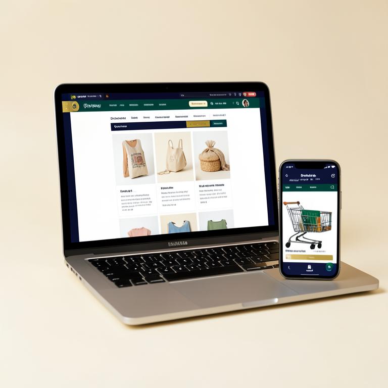 Laptop and phone displaying a generic online store and shopping cart