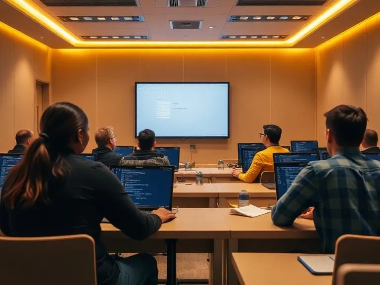 Modern training classroom with students and digital screen