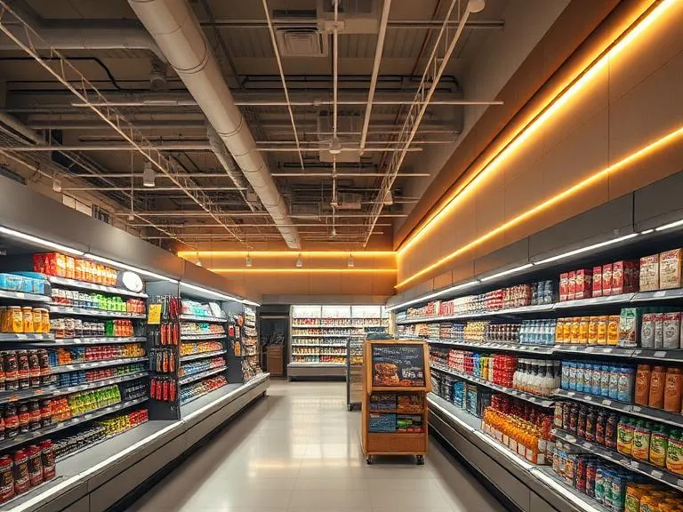 Modern supermarket aisle with product displays