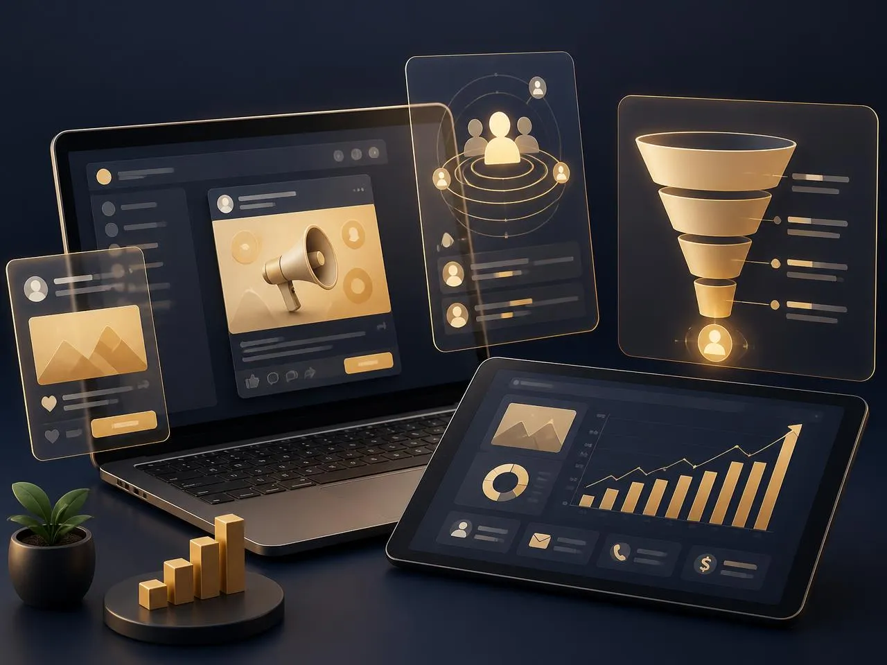 Laptop and smartphone showing social advertising, audience targeting, lead generation and marketing analytics